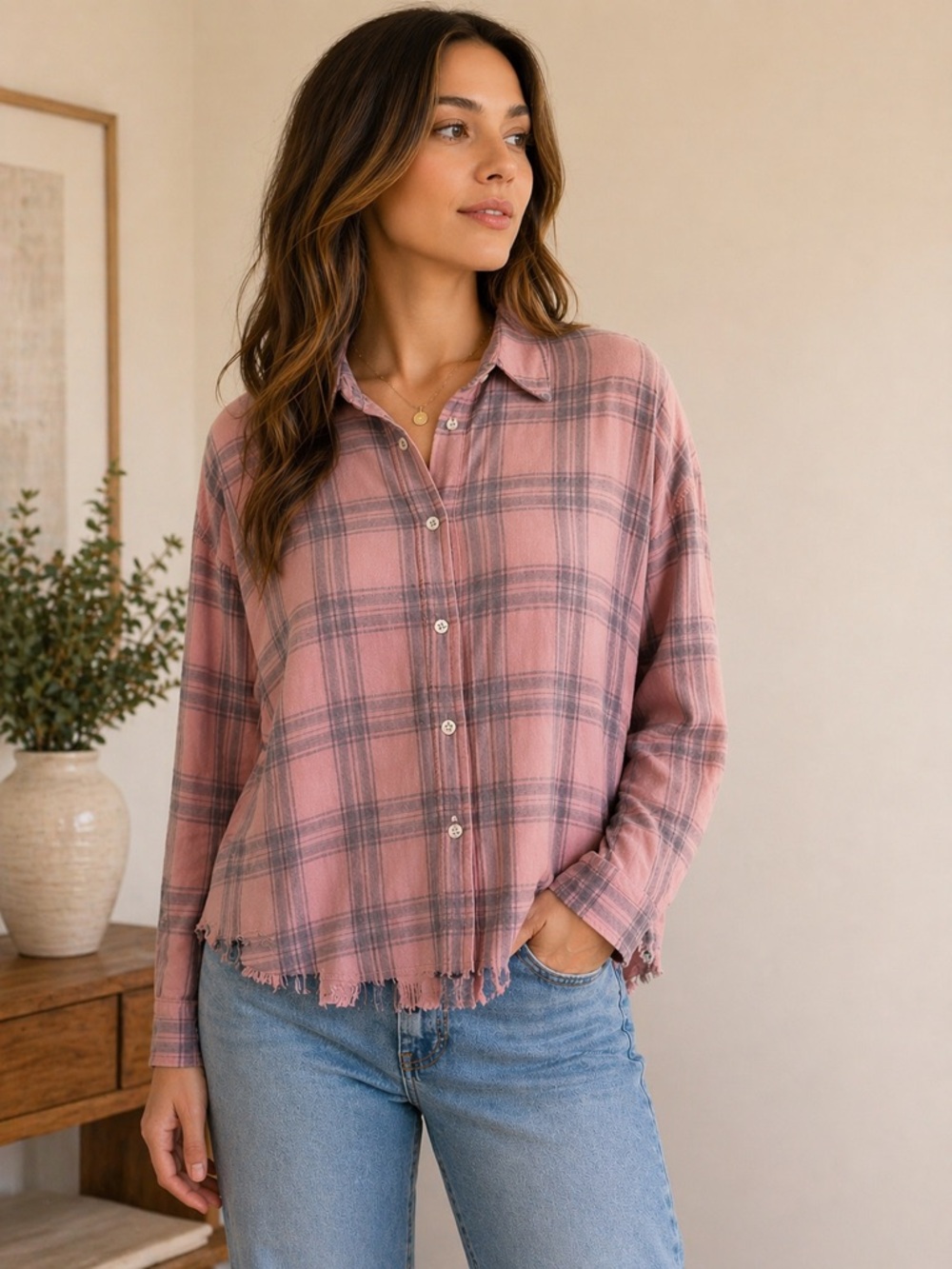 Lucky Brand Pink Plaid Long Sleeve Top Size L Soft Knit Casual Boho